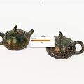 Vintage Brass Decorative Ornament Set with Pumpkin Shaped Teapots and Carved Patterns