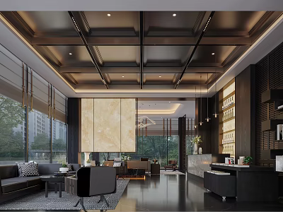 Elegant Modern Sales Office Interior With Spacious Lounge Area And Bright Large Floor Windows 3d model