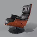 Classic Black Leather Single Chair With Wooden Arms And Round Base Tufted Design