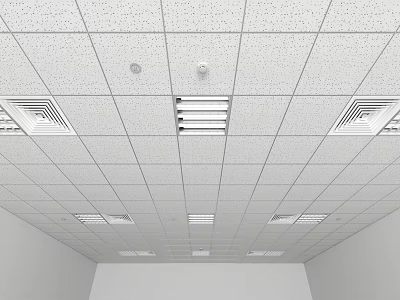 Modern Suspended Ceiling Design With White Tiles Vents And Light Fixtures 3d model