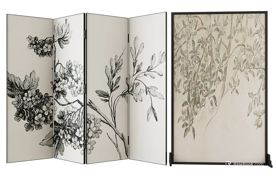 Elegant Decorative Room Screen With Hand Drawn Plant And Flower Patterns 3d model 