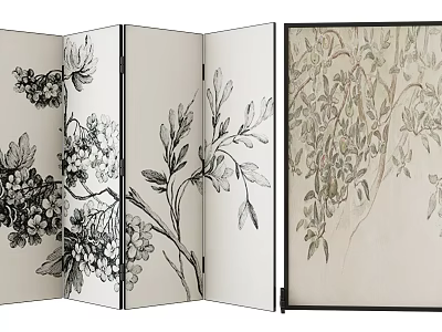 Elegant Decorative Room Screen With Hand Drawn Plant And Flower Patterns 3d model
