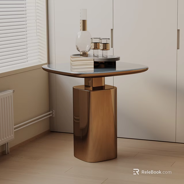 Elegant Modern Side Table With Cylindrical Gold Metal Base Round Glass Top And Stacked Books Lamp 3d model 