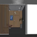 Modern Office Corridor Interior With Wooden Slat Partition Digital Screen Green Plant And Gray Carpet