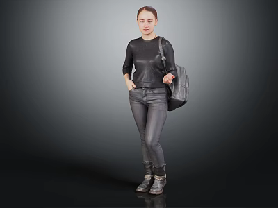 Woman Wearing Black Top Jeans And Boots Carrying Bag Against Gray Background 3d model