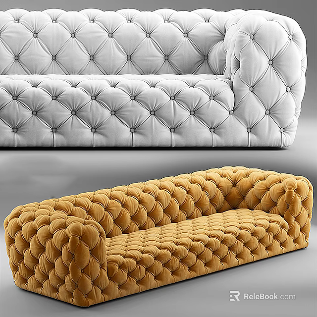 Modern White and Yellow Tufted Velvet Sofa With Elegant Button Design 3d model 