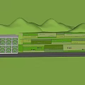 Garden Landscape Design Featuring Layered Green Planting Areas Surrounding Hills And Buildings