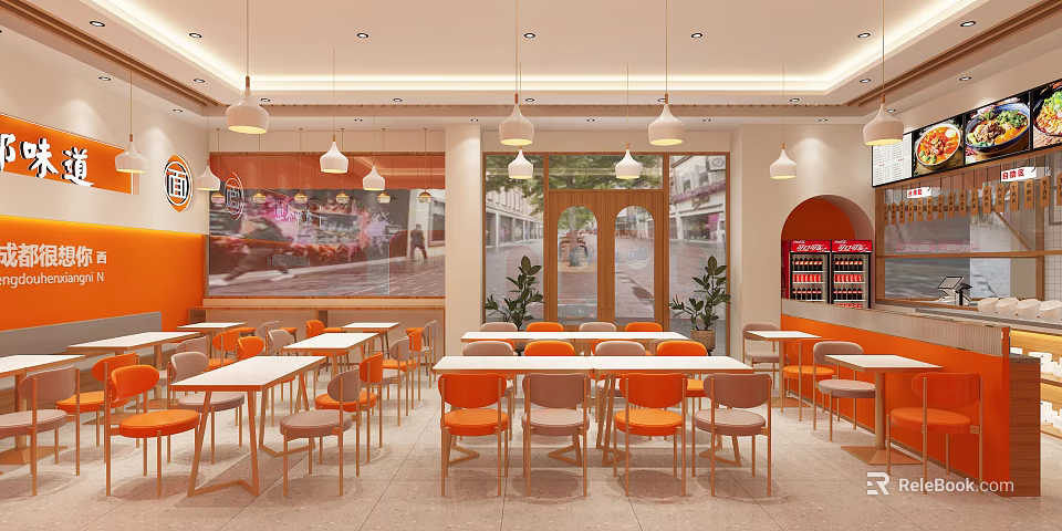 Modern Restaurant Interior with Orange White Tables Chairs Hanging Pendant Lights Decorative Paintings and Windows 3d model 