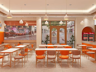 Modern Restaurant Interior with Orange White Tables Chairs Hanging Pendant Lights Decorative Paintings and Windows 3d model