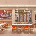 Modern Restaurant Interior with Orange White Tables Chairs Hanging Pendant Lights Decorative Paintings and Windows