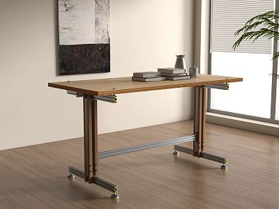 Modern Wooden Desk with Metal Frame and Wheels Holding Books and Decorative Items 3d model
