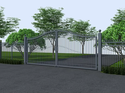 Metal Entrance Gate With Railing Design Surrounded by Green Trees and Paved Driveway 3d model
