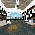 Hotel Public Lounge Area With Black White Checkered Walls Wooden Ceiling And Green Plants
