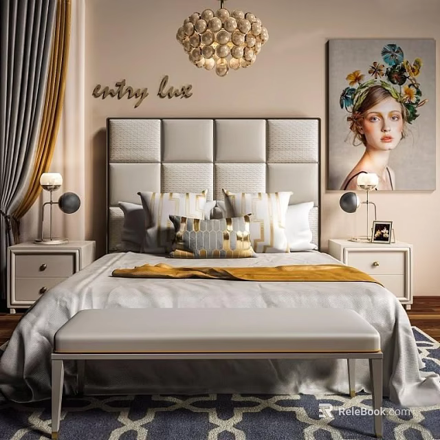 Elegant Modern Double Bed with Upholstered Headboard Pillows Nightstands Table Lamps and Decorative Painting 3d model 
