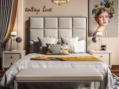 Elegant Modern Double Bed with Upholstered Headboard Pillows Nightstands Table Lamps and Decorative Painting 3d model