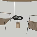 Modern Wooden Outdoor Table With Metal Frame Chairs Umbrella Coffee Cup And Book