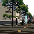 Bustling Urban Commercial Street With Pedestrians Modern Buildings Pedestrian Bridge And Trees