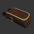 Brown Leather Storage Bag With Red Flame Pattern Black Straps And Golden Buckle