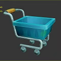 Blue Shopping Cart With Orange Handle Metal Frame And Four Wheels