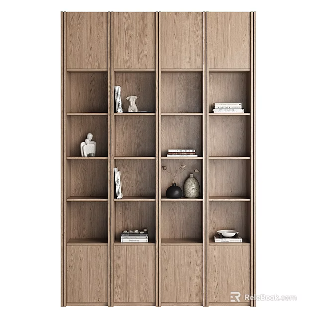 Minimalist Modern Wooden Bookcase Interior With Books Decorative Statues And Vases 3d model 