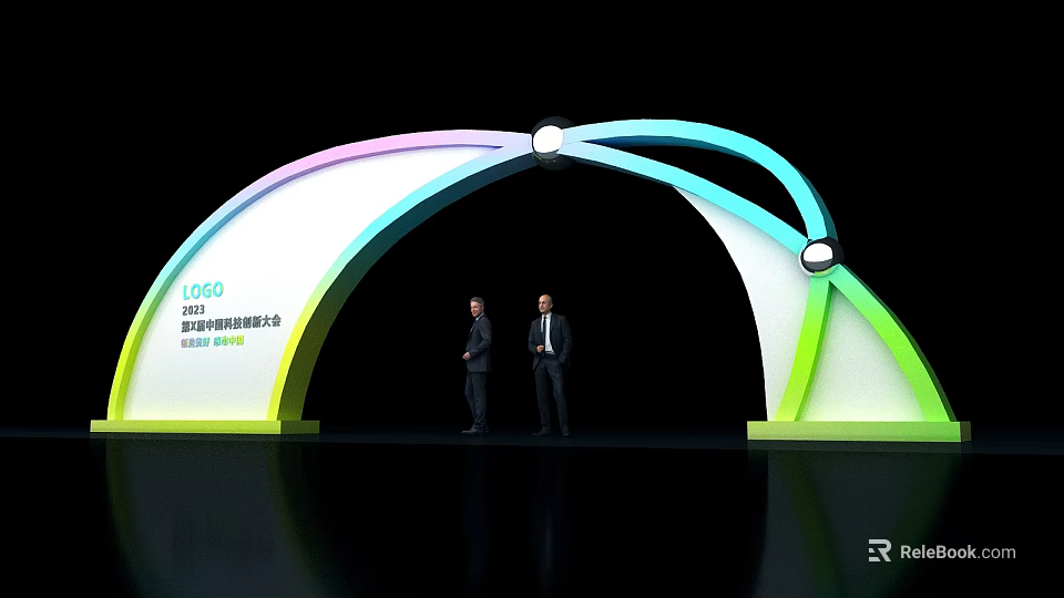 Colorful Gradient Archway with Top Lights and Two Men in Suits at Summit 3d model 