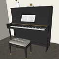 Elegant Black Upright Piano With Sheet Music White Bench Light Wall Wooden Floor