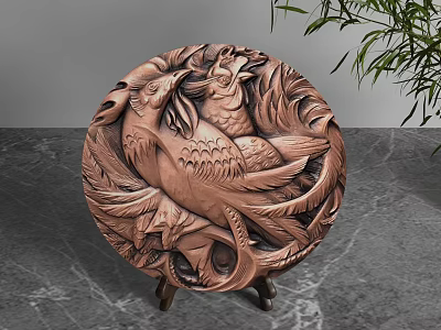 Exquisite Decorative Ornament Set On Marble Tabletop With Circular Wooden Carving Birds And Leaf Decorations 3d model