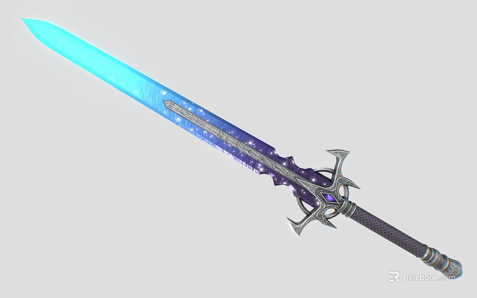 Fantasy Decorative Sword With Blue Blade And Star Patterns Ornate Hilt Featuring Purple Gemstone Design 3d model 