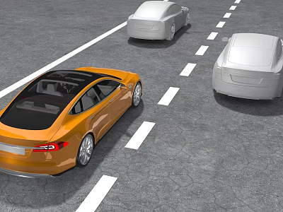 Orange And White Cars Driving On Road With White Lane Lines 3d model