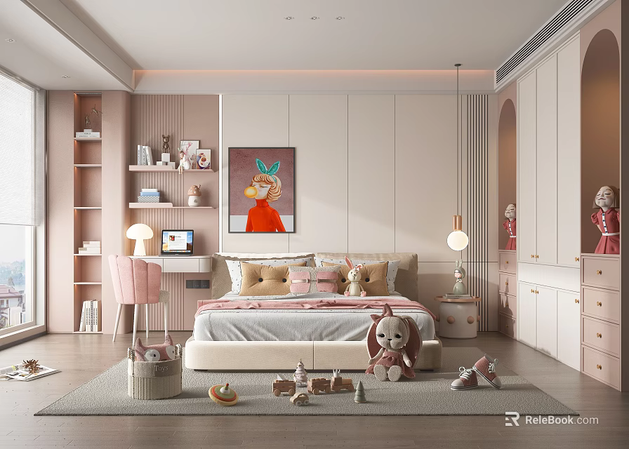Modern Cozy Children's Bedroom With Plush Toys 3d model 