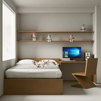 Tatami Bedroom Interior With Bed Shelves Robot Figurines Desk Computer And Window Blinds 3d model