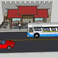 Chinese Style Bus Station With Red Roof Bus Red Car And Bicycles Nearby