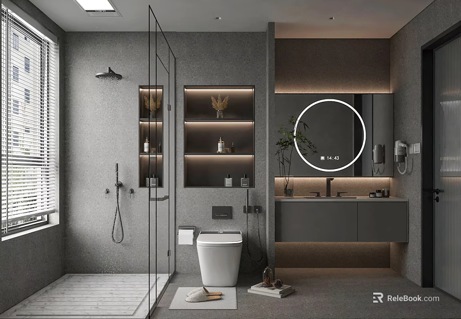 Modern Bathroom Interior With Glass Shower Round Mirror White Toilet And Gray Walls 3d model 