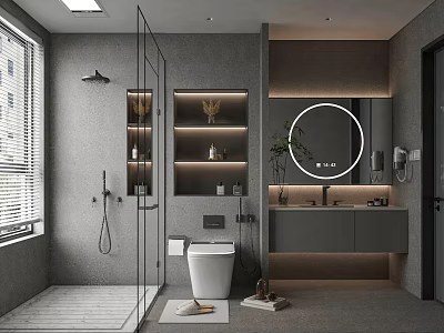 Modern Bathroom Interior With Glass Shower Round Mirror White Toilet And Gray Walls 3d model