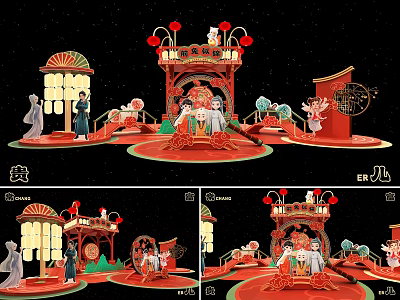 Traditional Chinese Wedding Scene With Red Sedan Chair Bride Groom And Decorative Lanterns 3d model