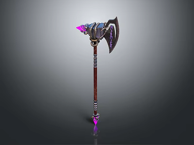 3D Rendered Battle Axe With Purple Glowing Accents And Metallic Handle Design 3d model