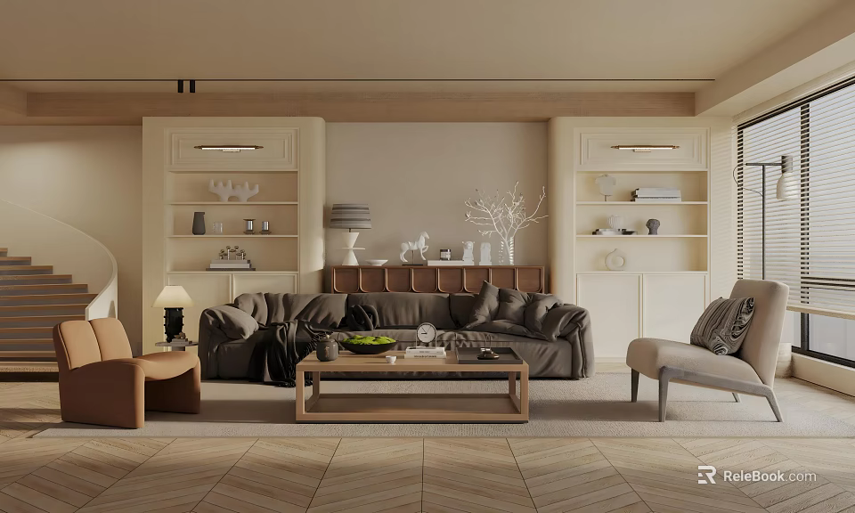 Modern Living Room Interior Design With Grey Sofa Wooden Coffee Table And Herringbone Floor 3d model 