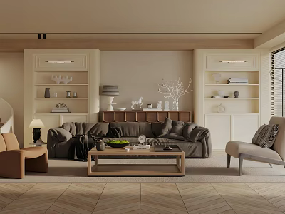 Modern Living Room Interior Design With Grey Sofa Wooden Coffee Table And Herringbone Floor 3d model