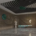 Elegant Modern Reception Desk With Geometric Ceiling Wave Wall And Marble Floor 3d model