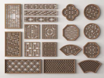 Traditional Chinese Wooden Carved Lattice Windows With Various Geometric Shapes And Patterns 3d model