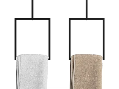 White And Beige Towels Hanging On Black Square Towel Racks For Home Use 3d model