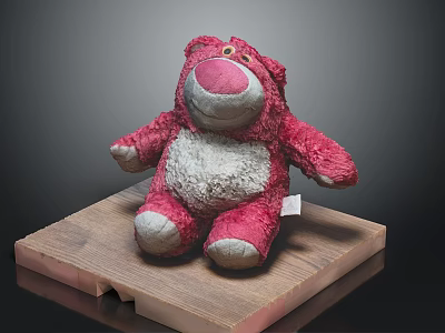 Red Plush Stuffed Bear Toy Sitting On Wooden Platform With Gray Background 3d model