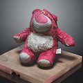 Red Plush Stuffed Bear Toy Sitting On Wooden Platform With Gray Background