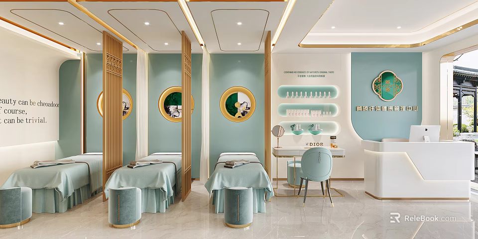 Elegant Beauty Salon Interior Featuring Light Green Walls Golden Accents Circular Decor And Treatment Beds 3d model 