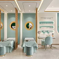 Elegant Beauty Salon Interior Featuring Light Green Walls Golden Accents Circular Decor And Treatment Beds