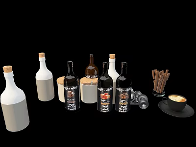 Elegant Wine Bottles and Glasses Display with Decorative Accessories in Still Life Setup 3d model