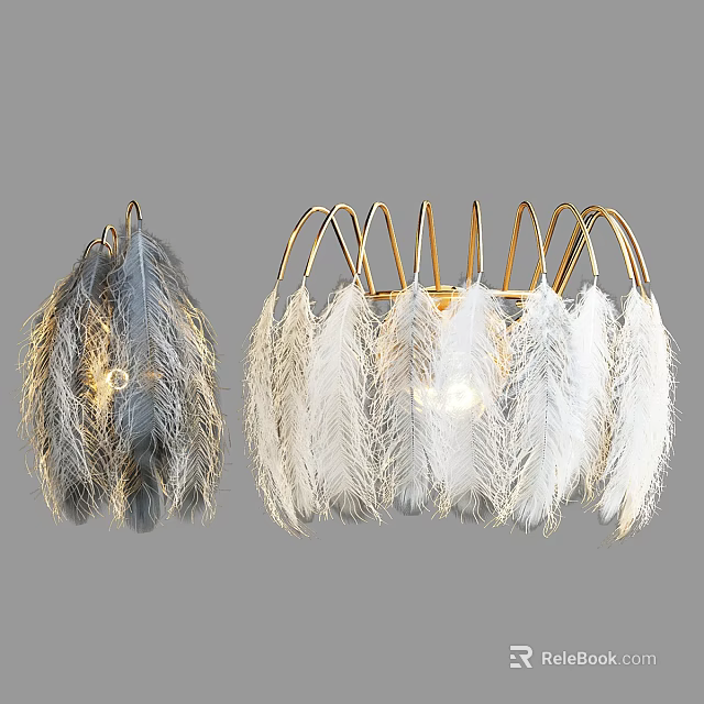 Modern Wall Lamp With Gold Frame And Gray White Feather Decoration 3d model 