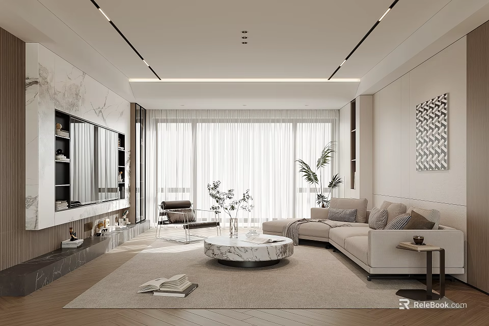 Modern Living Room Interior With Beige Sofa Marble Coffee Table And Floor To Ceiling Windows 3d model 