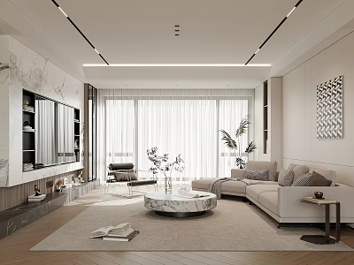 Modern Living Room Interior With Beige Sofa Marble Coffee Table And Floor To Ceiling Windows 3d model