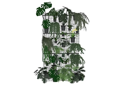 Vertical Living Plant Wall With Various Green Potted Plants On Wire Mesh Structure 3d model